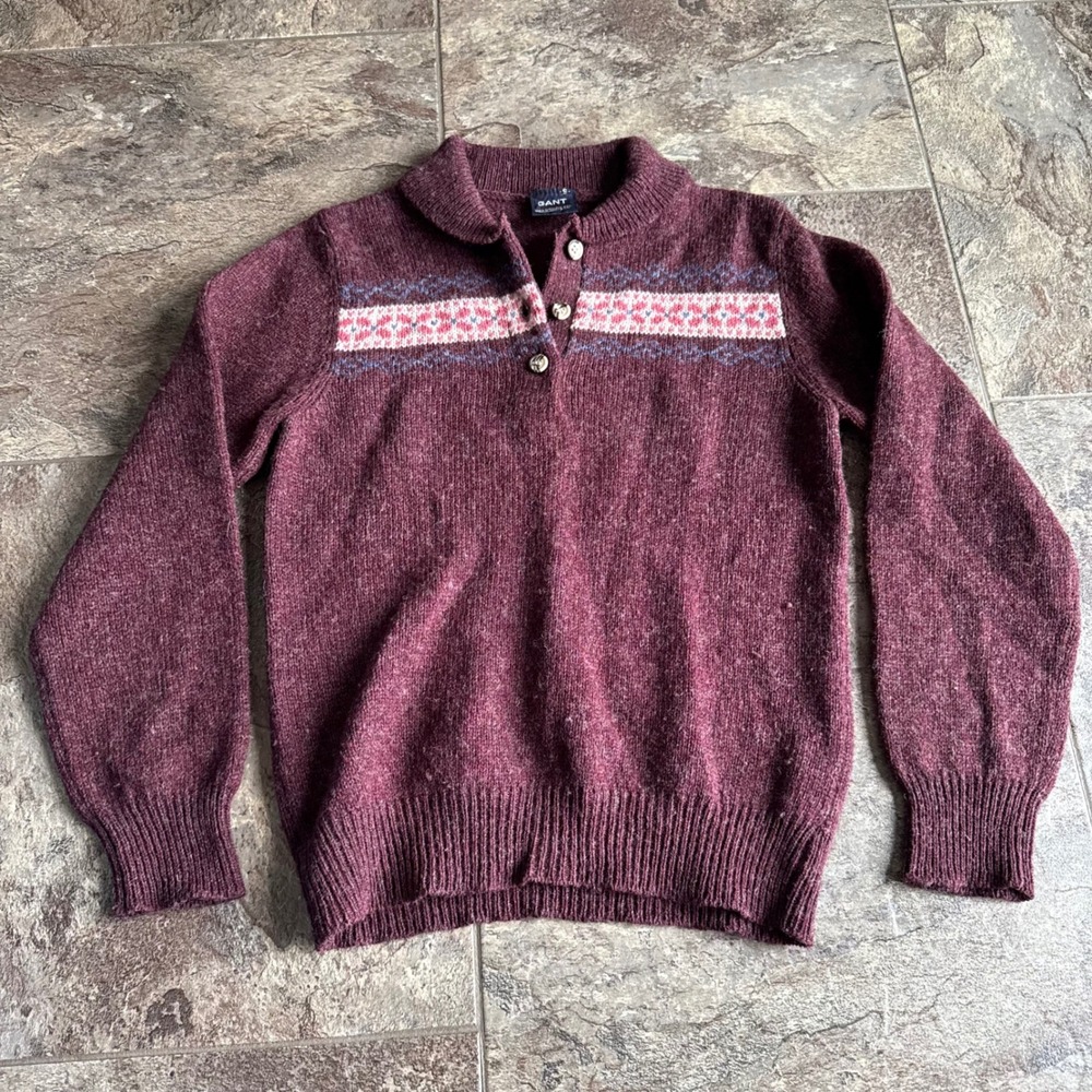 Gant Vintage 100% Shetland Wool Henley Sweater Burgundy Fair Isle‎ Womens Small